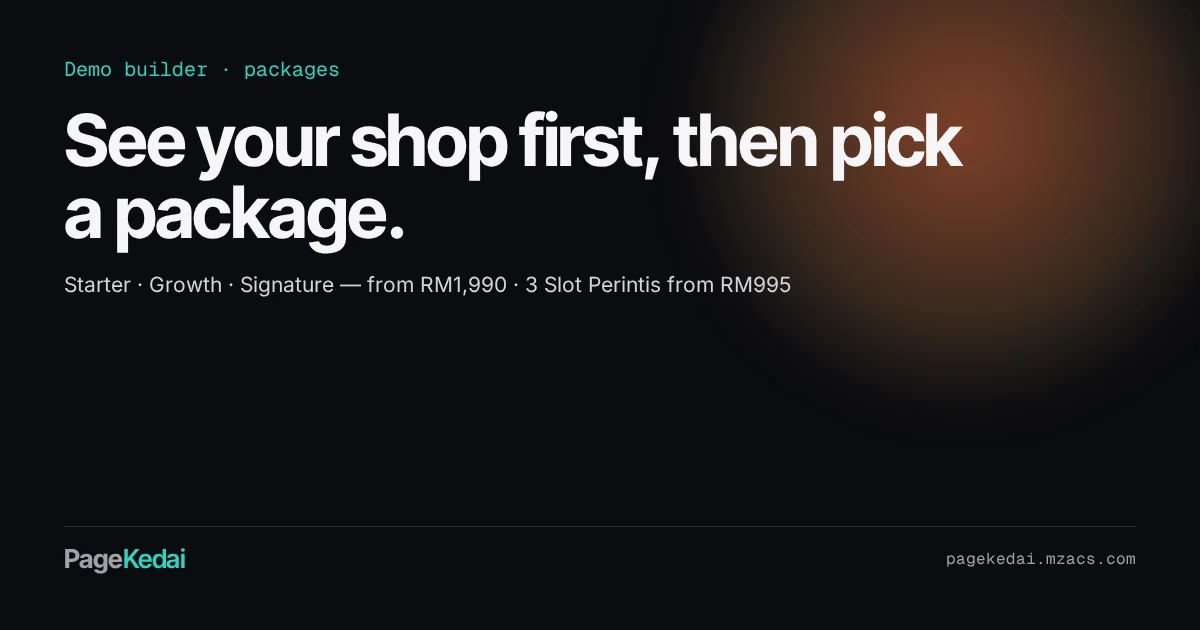 PageKedai title card: See your shop first, then pick a package — Basic, Intermediate, Pro from RM1,245.