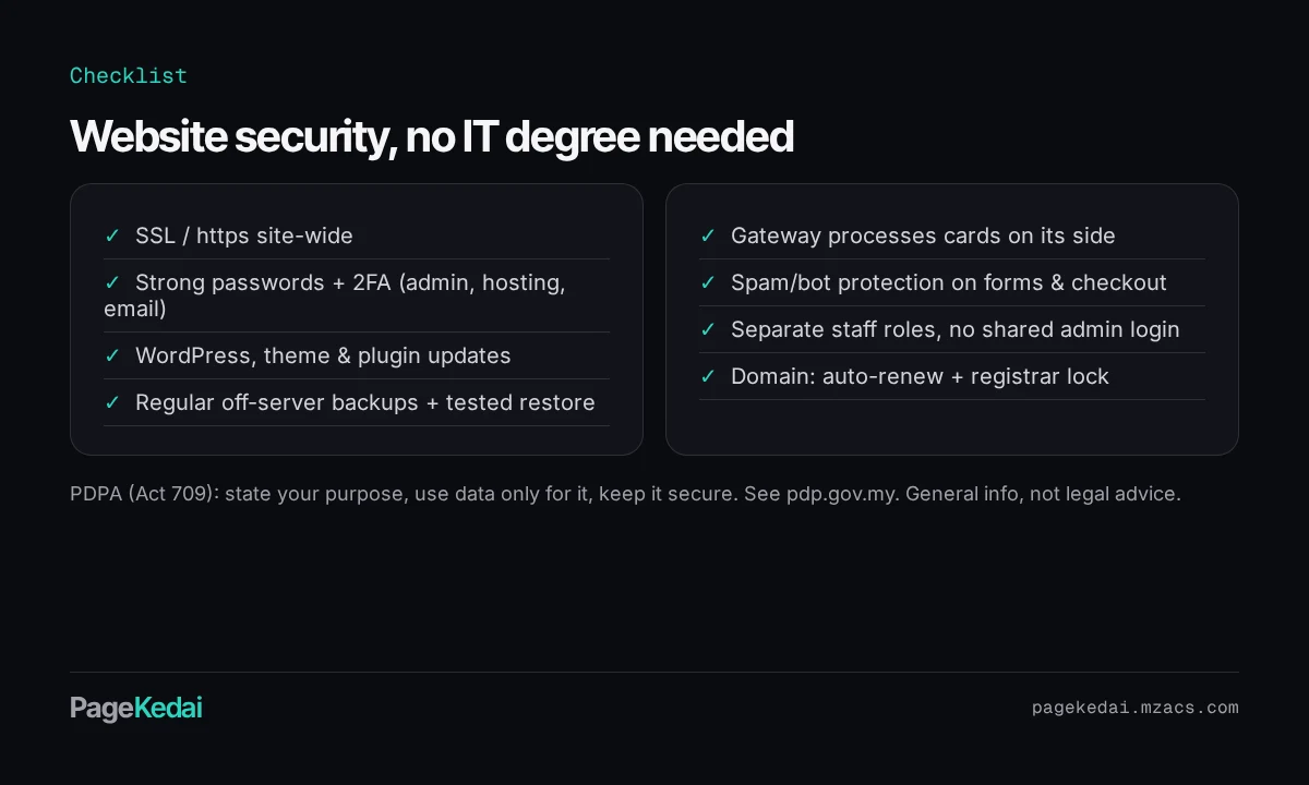 Eight-point website security checklist: SSL, 2FA, updates, backups, gateway, anti-spam, staff roles, domain auto-renew & registrar lock.